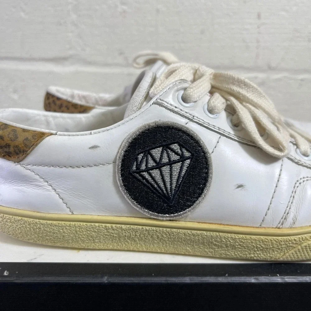 Saint‎ Laurent Court Classic Diamond White Leather Leopard Womens 37.5 EU/7.5 US